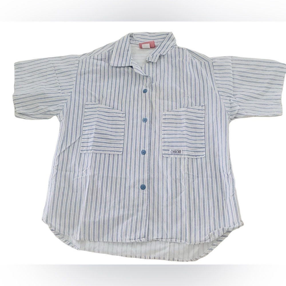 Vintage cotton Cherokee Blue and White Striped women Button Down Shirt small